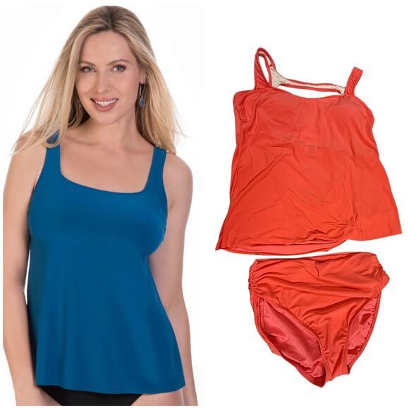 MAGICSUIT NWT Reese Cowl Back Tankini Top & Shirred Bikini Bottom Size 16 Orange - Picture 1 of 16